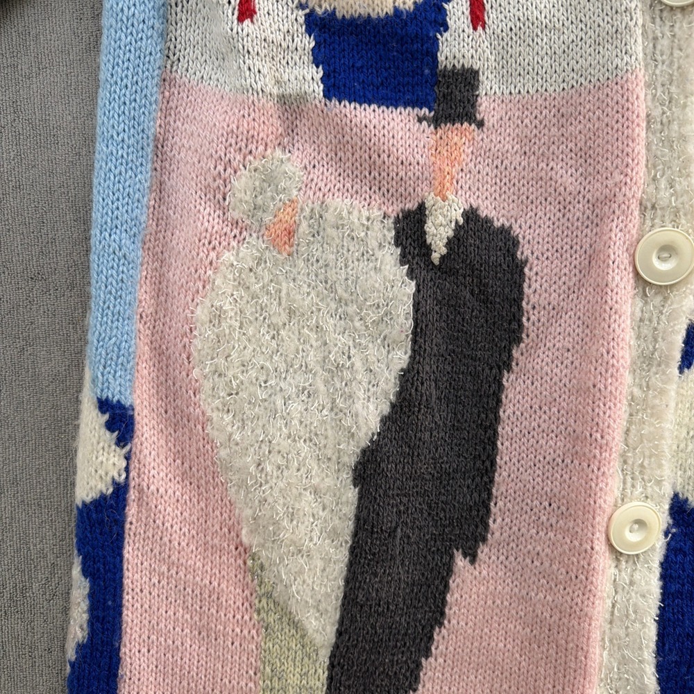 Vintage 80s Hand Knit Intarsia Duster Cardigan Paris Art Sweater Oversized - Picture 4 of 11